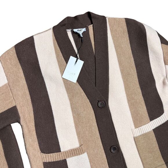 Oat New York Sweater WMNS S Brown Striped Cardigan Preppy Grandpa Monotone Tan - Picture 9 of 9